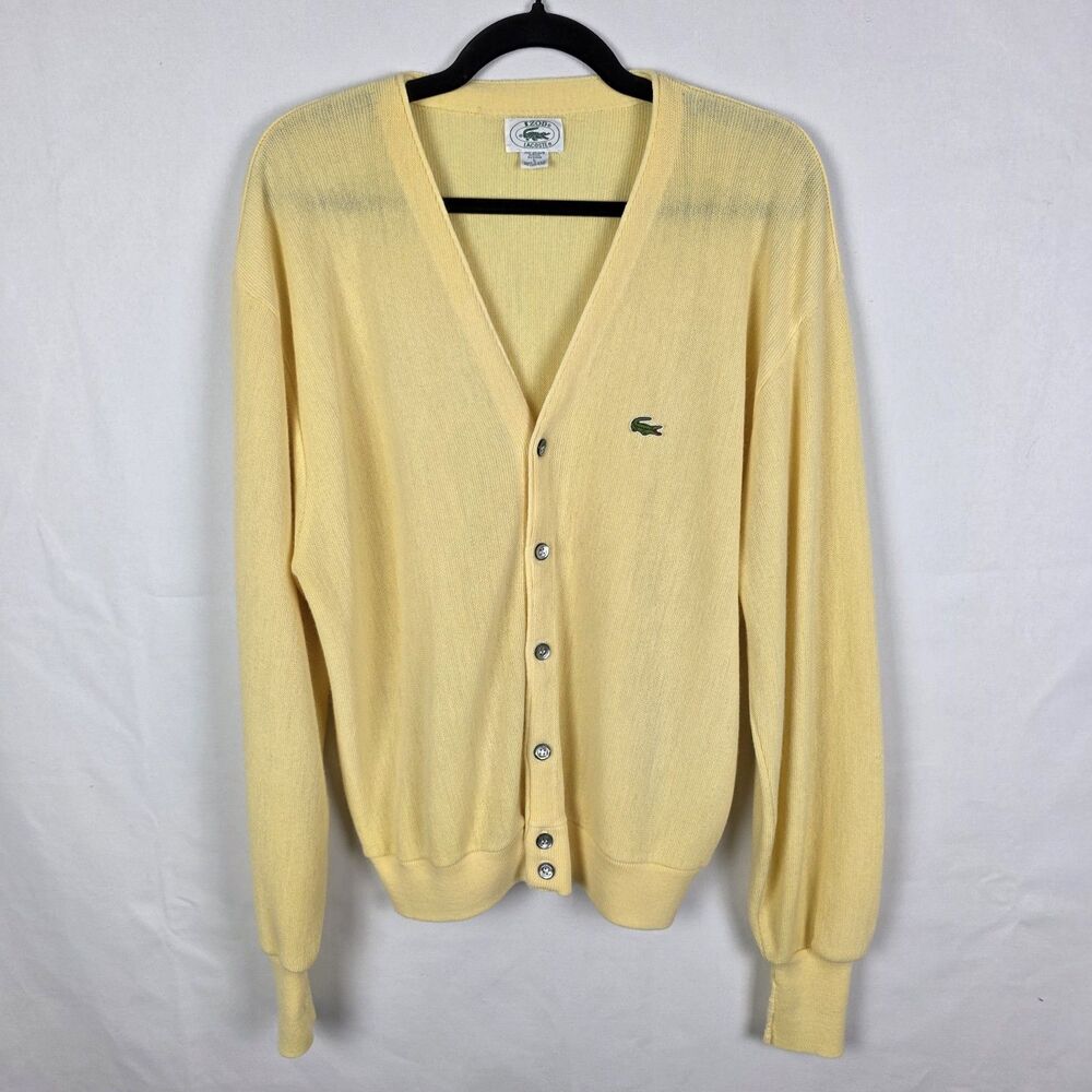 VINTAGE Izod Lacoste Cardigan Sweater Size Large‎ Yellow Alligator Logo Grandpa
